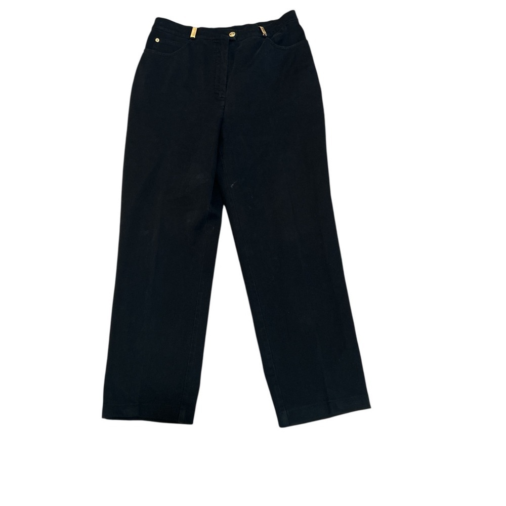 St. John Sport Marie Gray Trousers Straight Leg Denim Black Gold Buckle - Picture 7 of 7